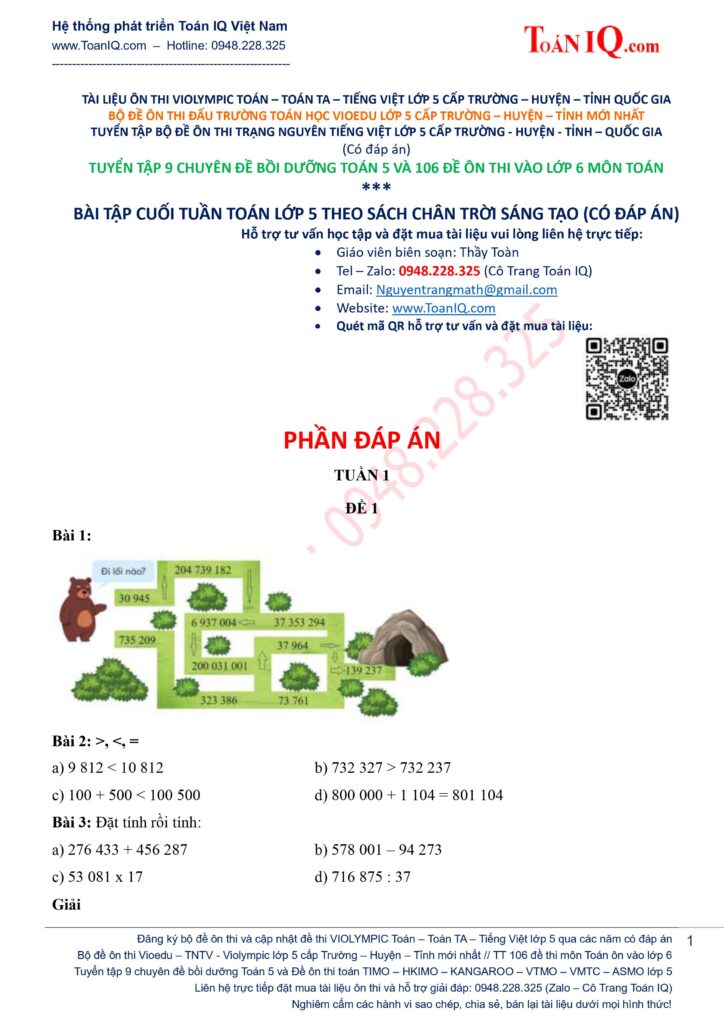 Bài tập cuối tuần Toán 5 sách Chân trời sáng tạo