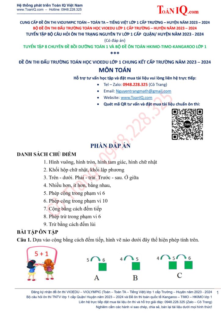 ĐẤU TRƯỜNG TOÁN HỌC LỚP 1 CẤP TRƯỜNG NĂM 2023 - 2024