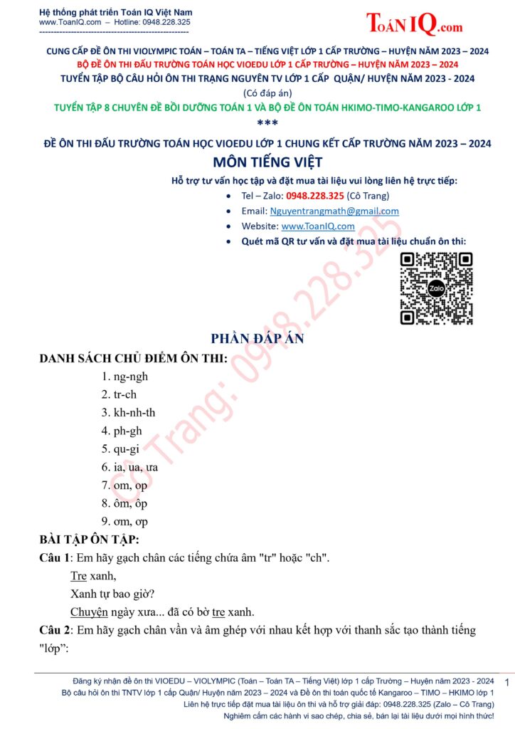 ĐẤU TRƯỜNG TOÁN HỌC VIOEDU LỚP 1 VCK CẤP TRƯỜNG MÔN TIẾNG VIỆT NĂM 2023 - 2024
