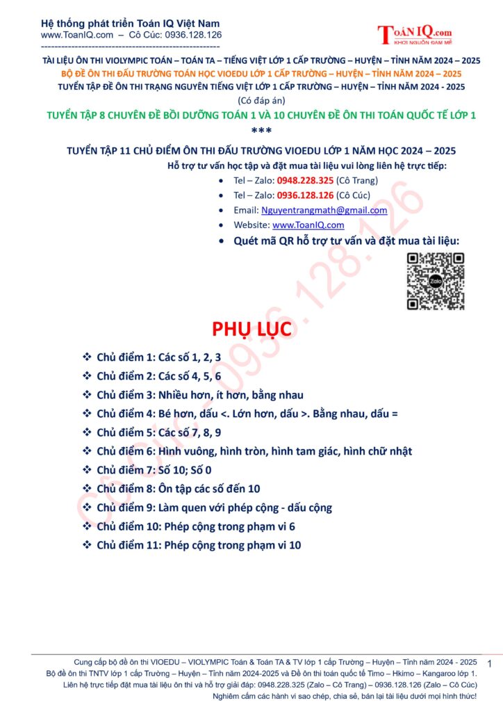 Đề ôn thi Đấu trường Toán học lớp 1 năm 2024 - 2025