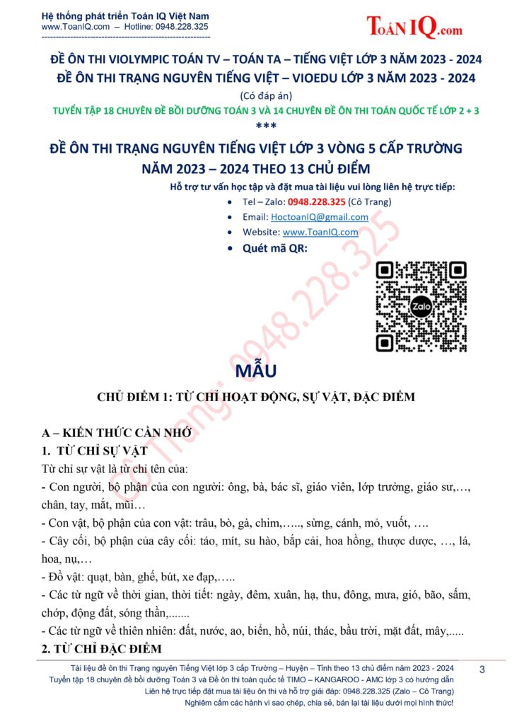 ĐỀ ÔN THI TRẠNG NGUYÊN TIẾNG VIỆT LỚP 3 VÒNG 5 NĂM 2023 - 2024 CẤP TRƯỜNG