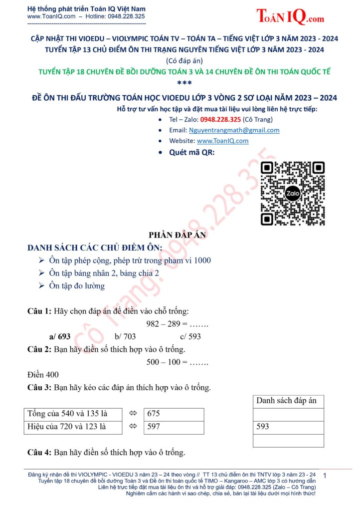 ĐỀ THI ĐẤU TRƯỜNG TOÁN HỌC VIOEDU LỚP 3 VÒNG 2 NĂM 2023 - 2024 SƠ LOẠI CẤP TRƯỜNG