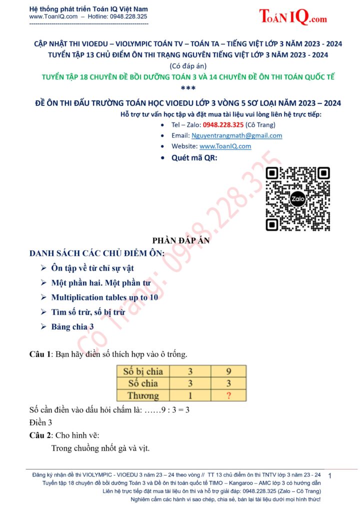 ĐỀ THI VIOEDU LỚP 3 VÒNG 5 SƠ LOẠI CẤP TRƯỜNG NĂM 2023 - 2024