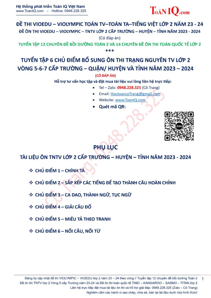Đề thi trạng nguyên tiếng việt lớp 2 Vòng 5 cấp Trường năm 2023 - 2024 ôn thi theo 6 chủ điểm