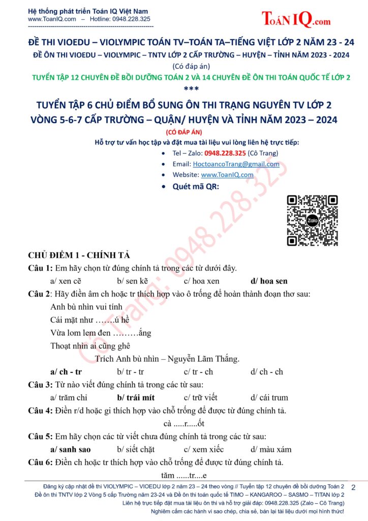 Trạng nguyên tiếng việt lớp 2 Vòng 5 sơ loại cấp Trường năm 2023 - 2024 ôn thi theo 6 chủ điểm