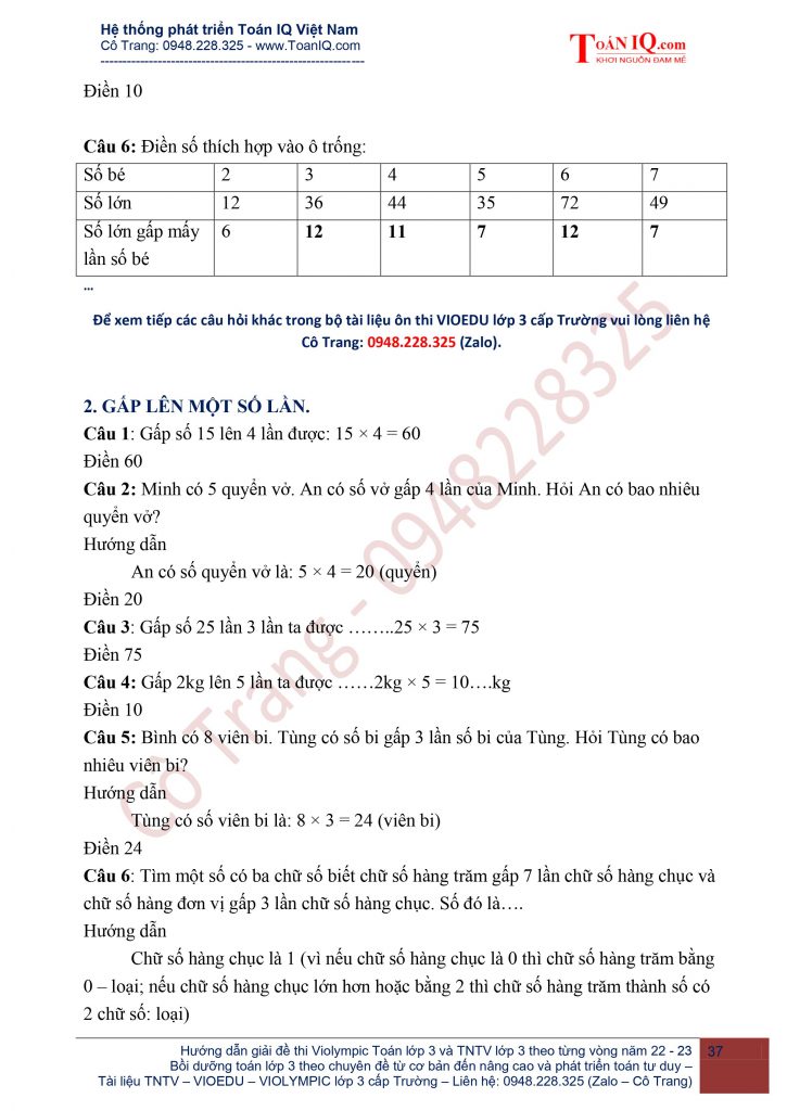 Đấu trường Toán học lớp 3 cấp trường