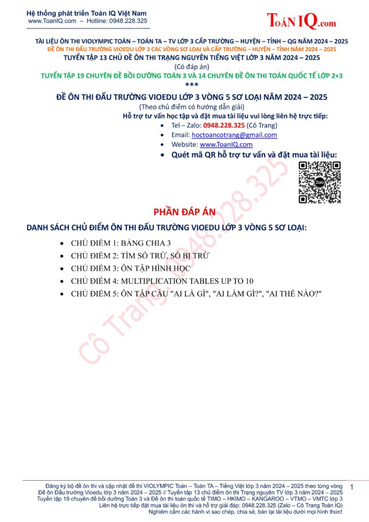 Đấu trường toán học lớp 3 Vòng 5 sơ loại năm 2024 - 2025 có hướng dẫn giải