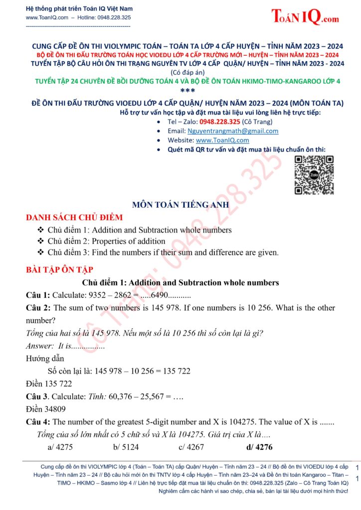 Đấu trường toán học lớp 4 cấp Huyện năm 2023 - 2024 ôn theo chủ điểm môn Toán tiếng anh