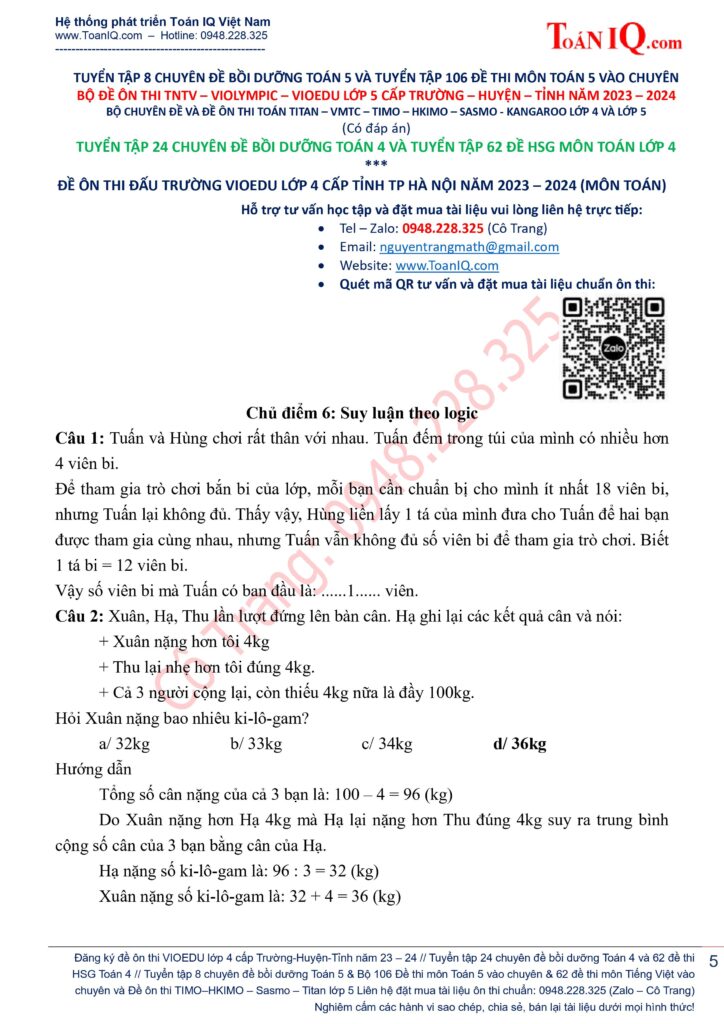 Đấu trường toán học lớp 4 cấp Thành phố Hà Nội năm 2023 - 2024