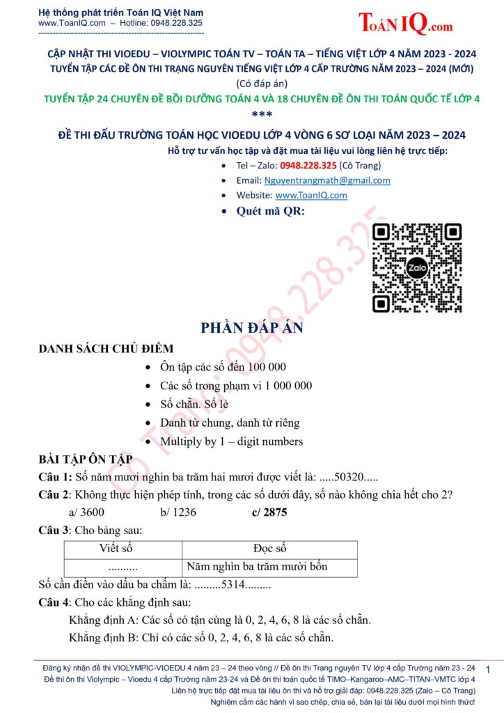 Đấu trường toán học lớp 4 Vòng 6 sơ loại cấp Trường năm 2023 - 2024 có đáp án
