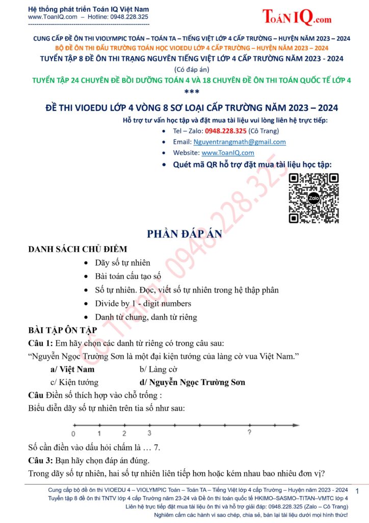Đấu trường toán học lớp 4 Vòng 8 sơ loại cấp trường năm 2023 - 2024 có đáp án
