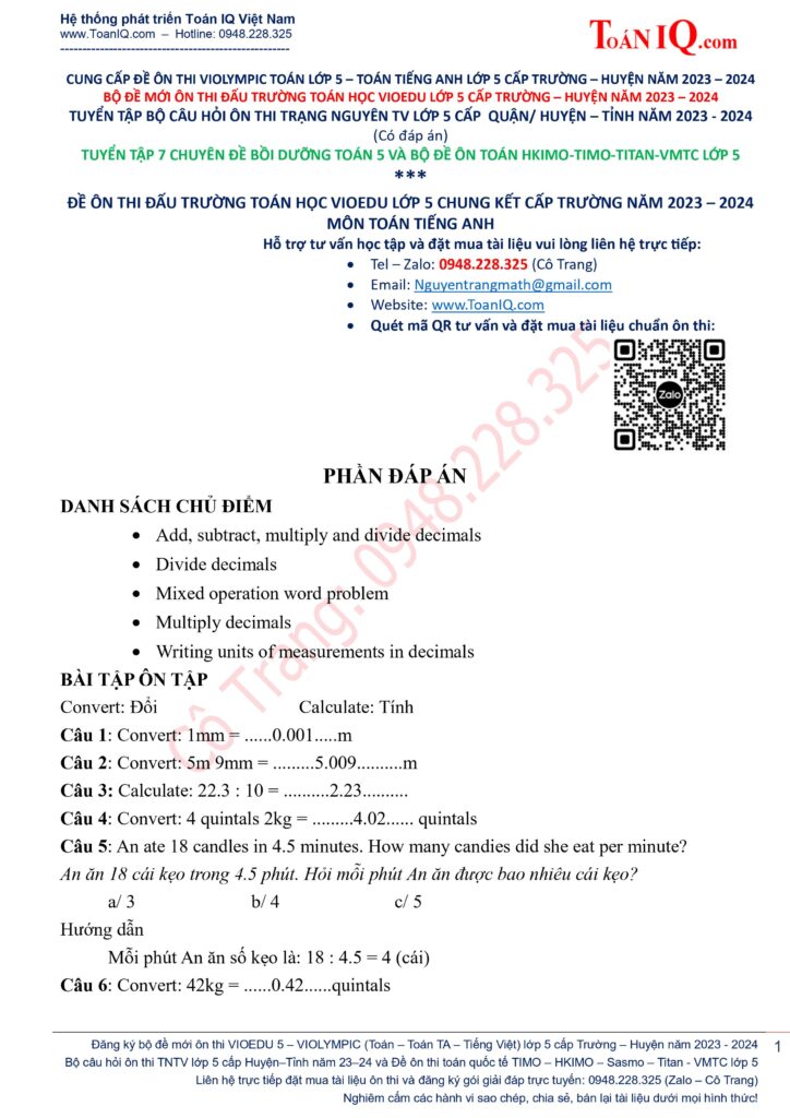 Đấu trường toán học lớp 5 cấp Trường năm 2023 - 2024 ôn vòng chung kết môn toán tiếng anh