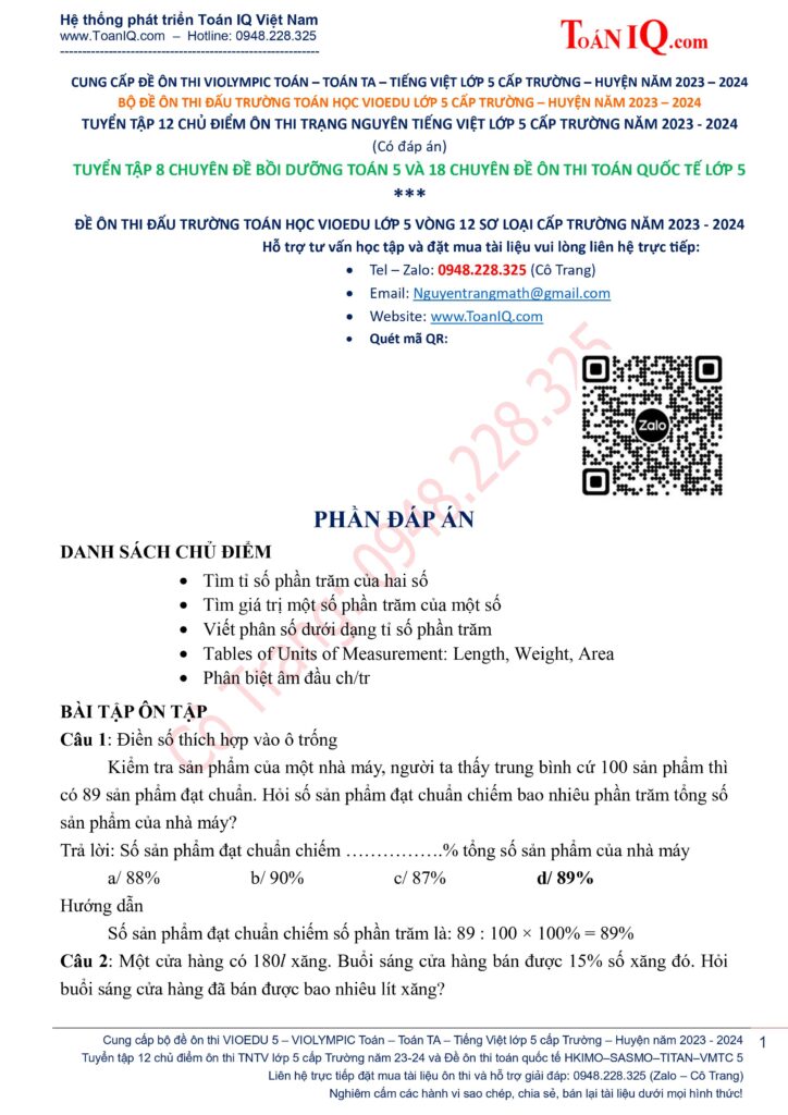 Đấu trường toán học lớp 5 Vòng 12 sơ loại cấp Trường năm 2023 - 2024 có hướng dẫn giải