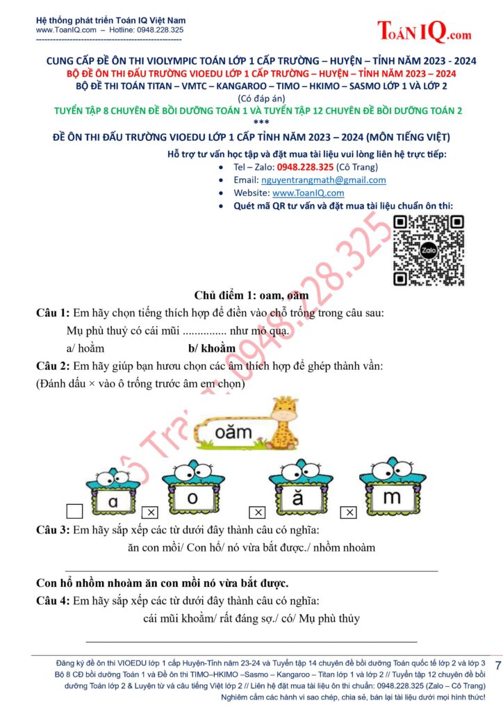 Đấu trường toán học Vioedu lớp 1 cấp Tỉnh năm 2023 - 2024 ôn theo chủ điểm