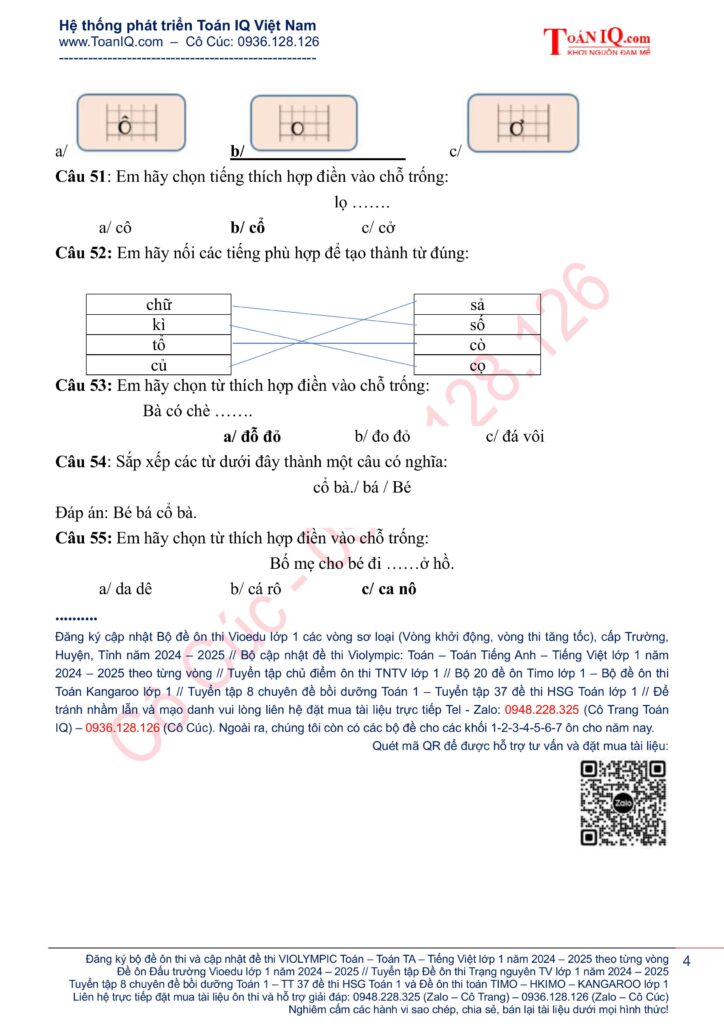 Đấu trường Toán học Vioedu lớp 1 Vòng 1 sơ loại năm 2024 - 2025