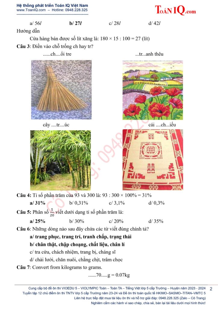 Đấu trường toán học Vioedu lớp 5 Vòng 12 sơ loại cấp Trường năm 2023 - 2024 có hướng dẫn giải