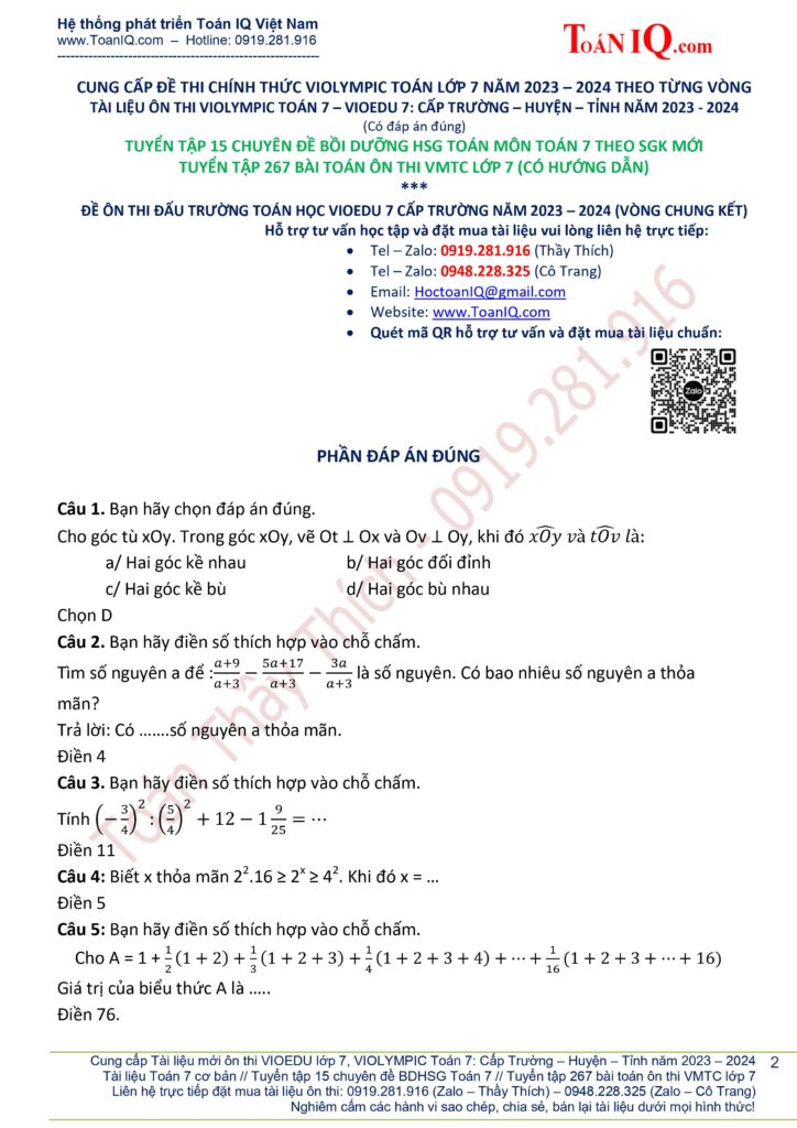 Đấu trường toán học VIOEDU lớp 7 cấp Trường năm 2023 - 2024 ôn theo chủ điểm vòng chung kết