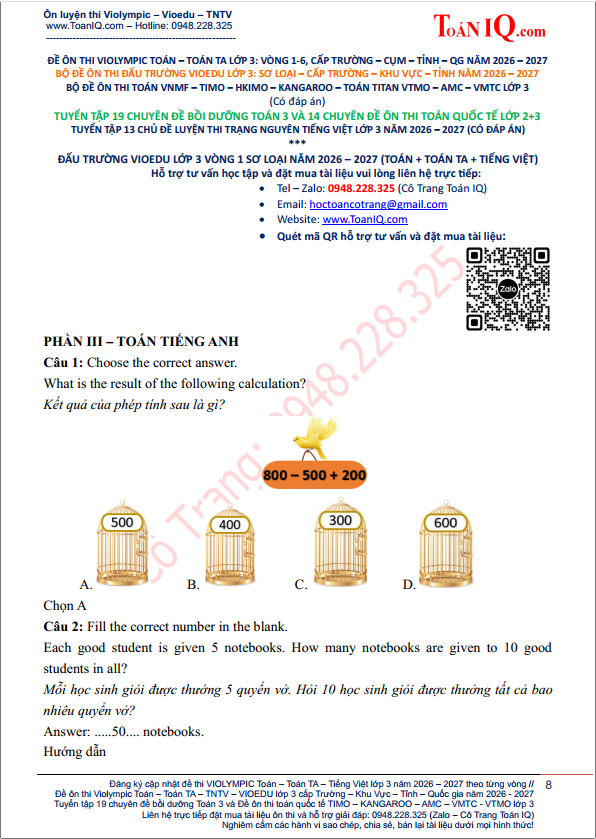 Đấu trường Vioedu lớp 3 Vòng 1 sơ loại năm 2026 - 2027 môn toán tiếng anh