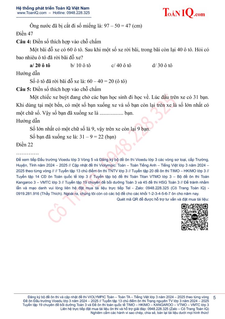 Đấu trường Vioedu lớp 3 Vòng 5 sơ loại cấp trường năm 2024 - 2025