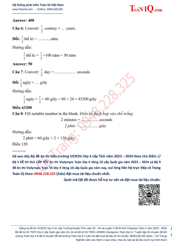 Đấu trường Vioedu lớp 4 cấp thành phố năm 2023 - 2024 có đáp án (cấp tỉnh)