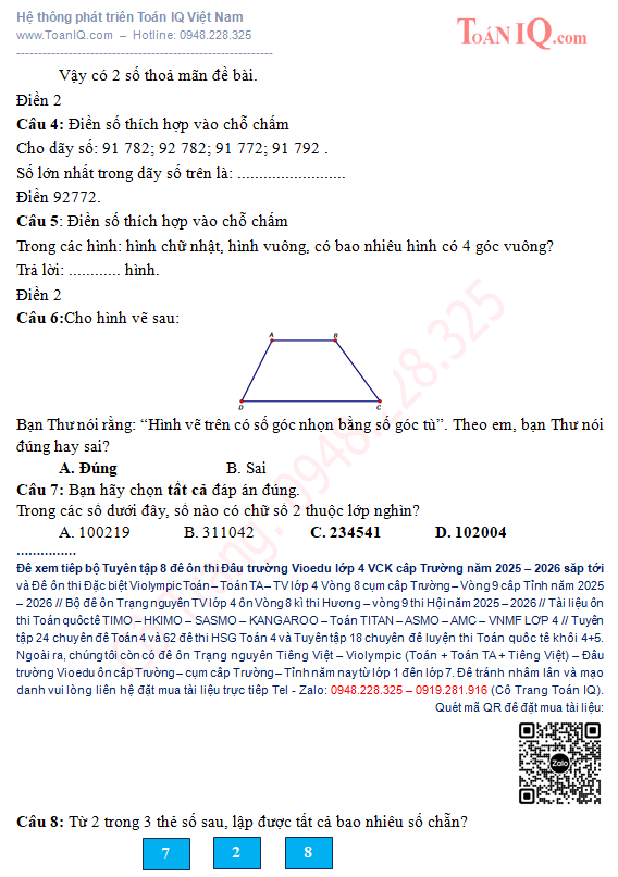 Đấu trường Vioedu lớp 4 cấp Trường năm 2025 - 2026 môn toán - toán tiếng anh - tiếng việt