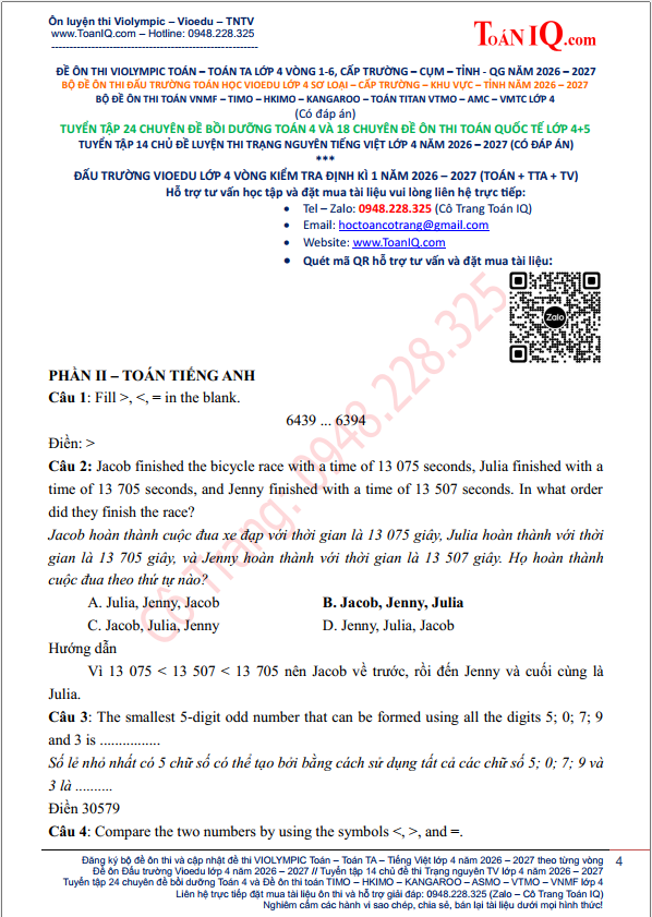 Đấu trường Vioedu lớp 4 kiểm tra định kì 1 năm 2026 - 2027 môn toán tiếng anh