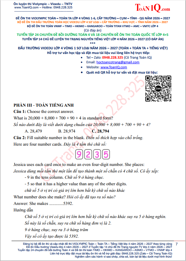 Đấu trường Vioedu lớp 4 Vòng 1 sơ loại năm 2026 - 2027 môn toán tiếng anh
