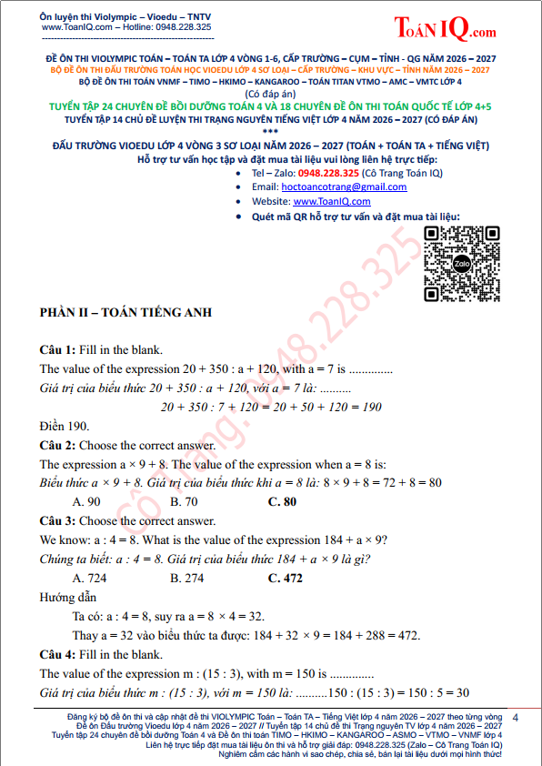 Đấu trường Vioedu lớp 4 Vòng 3 sơ loại năm 2026 - 2027 môn toán tiếng anh