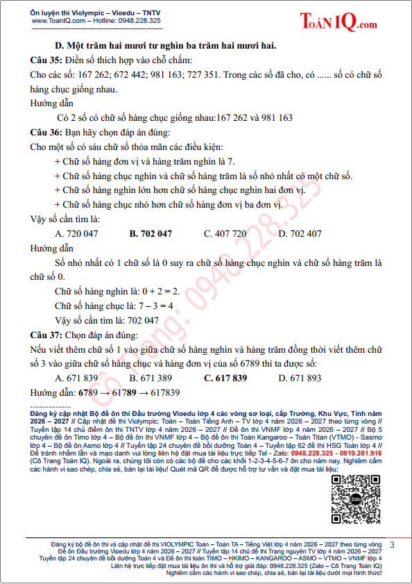 Đấu trường Vioedu lớp 4 Vòng 4 sơ loại năm 2026 - 2027 môn toán