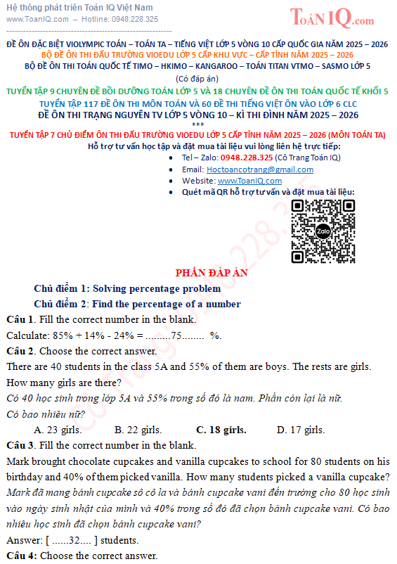 Đấu trường Vioedu lớp 5 cấp Tỉnh năm 2025 - 2026 môn toán tiếng anh