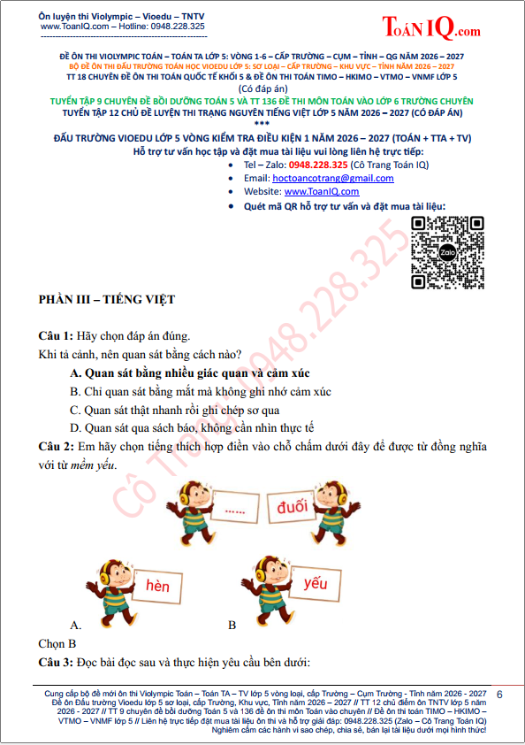 Đấu trường Vioedu lớp 5 kiểm tra định kì 1 năm 2026 - 2027 môn tiếng việt