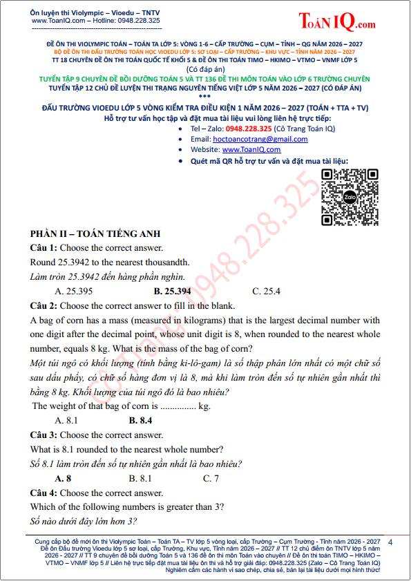 Đấu trường Vioedu lớp 5 kiểm tra định kì 1 năm 2026 - 2027 môn toán tiếng anh
