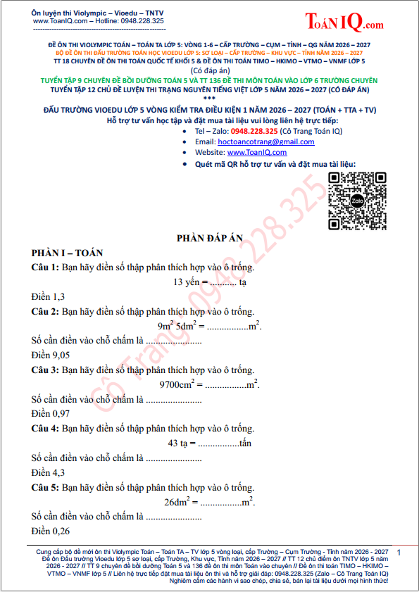 Đấu trường Vioedu lớp 5 kiểm tra định kì 1 năm 2026 - 2027