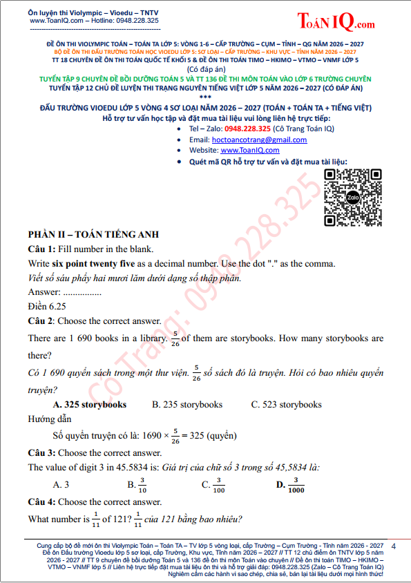 Đấu trường Vioedu lớp 5 Vòng 4 sơ loại năm 2026 - 2027 môn toán tiếng anh