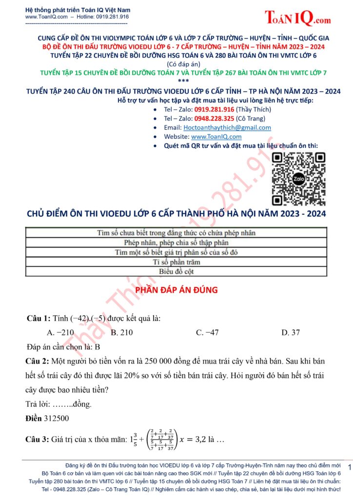 Đấu trường Vioedu lớp 6 cấp Thành phố Hà Nội năm 2023 - 2024