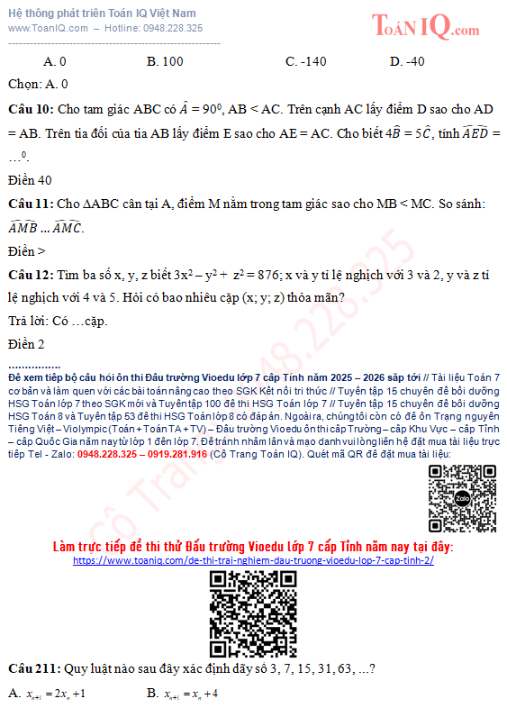 Đấu trường Vioedu lớp 7 cấp Tỉnh-TP năm 2025 - 2026 môn toán