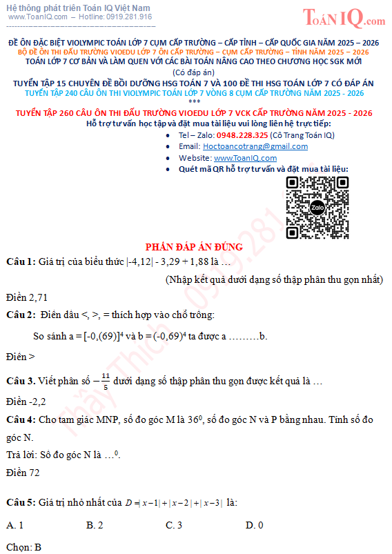 Đấu trường Vioedu lớp 7 vòng chung kết cấp Trường năm 2025 - 2026