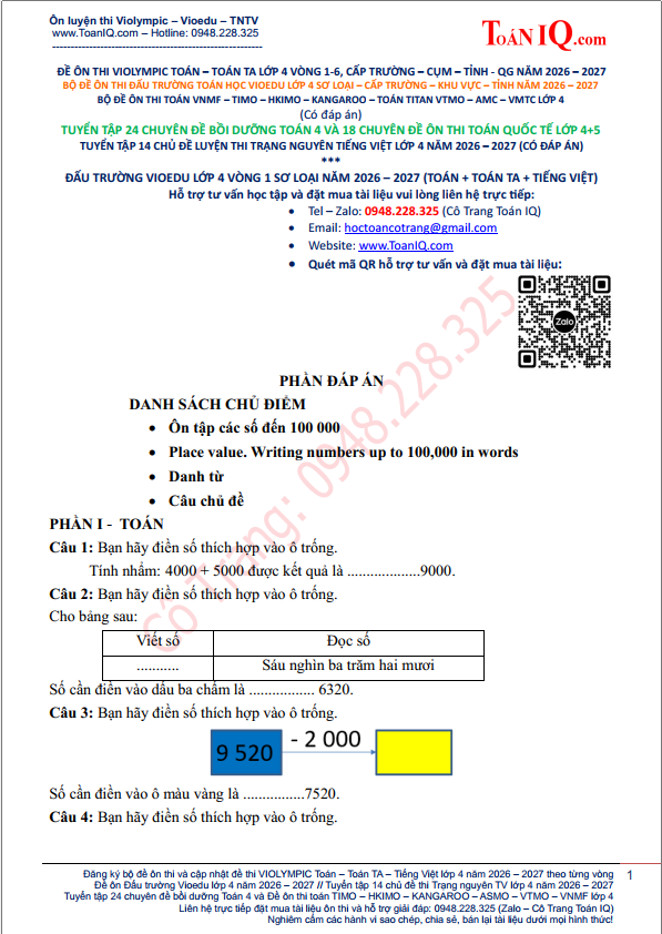 Đề ôn thi Đấu trường Vioedu lớp 4 Vòng 1 sơ loại năm 2026 - 2027