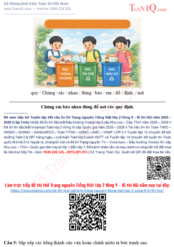Đề ôn thi Trạng nguyên Tiếng Việt lớp 2 vòng 9 kì thi hội năm 2025 - 2026 cấp Tỉnh