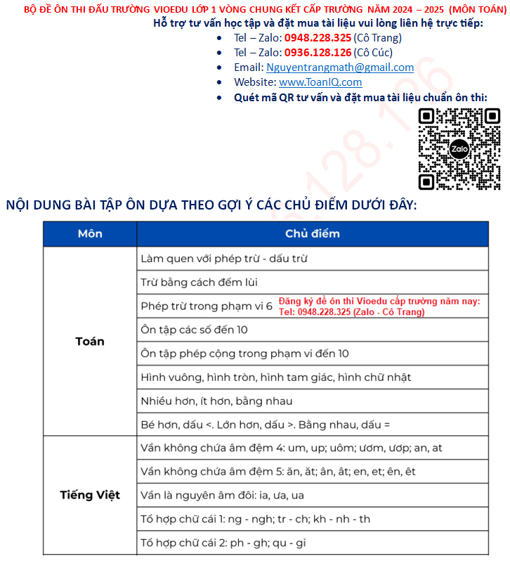 Đề ôn thi Vioedu lớp 1 cấp Trường năm 2024 - 2025