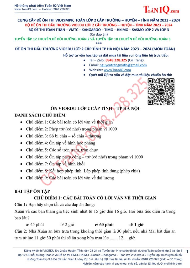 Đề ôn thi Vioedu lớp 2 cấp Thành phố Hà Nội năm 2023 - 2024