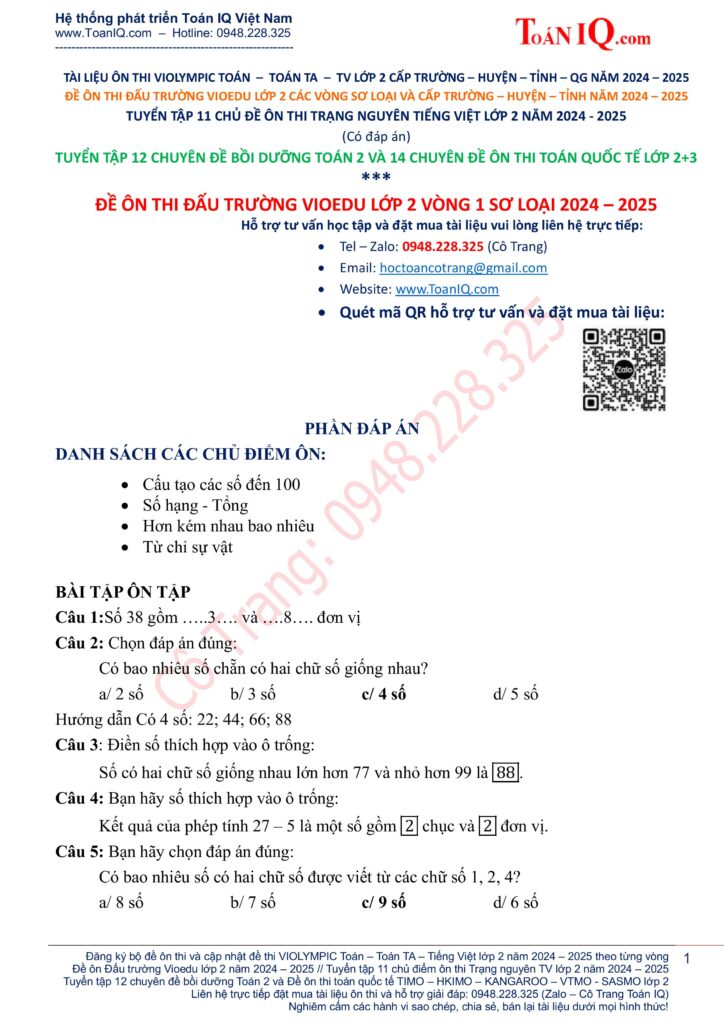 Đề ôn thi Vioedu lớp 2 Vòng 1 sơ loại năm 2024 - 2025