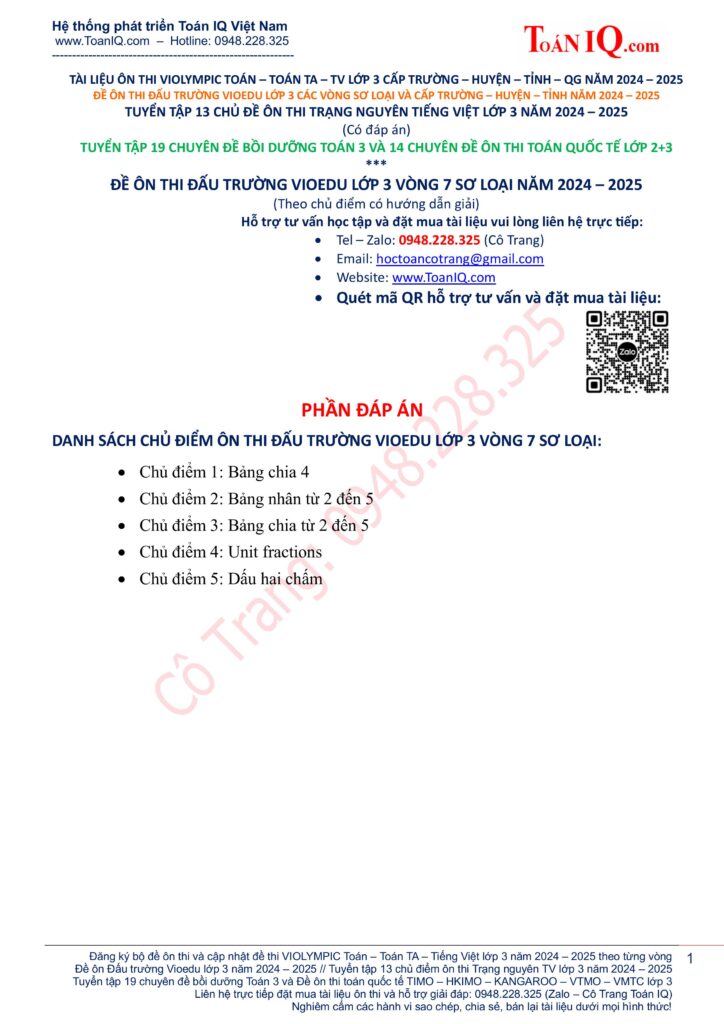 Đề ôn thi Vioedu lớp 3 Vòng 7 sơ loại năm 2024 - 2025