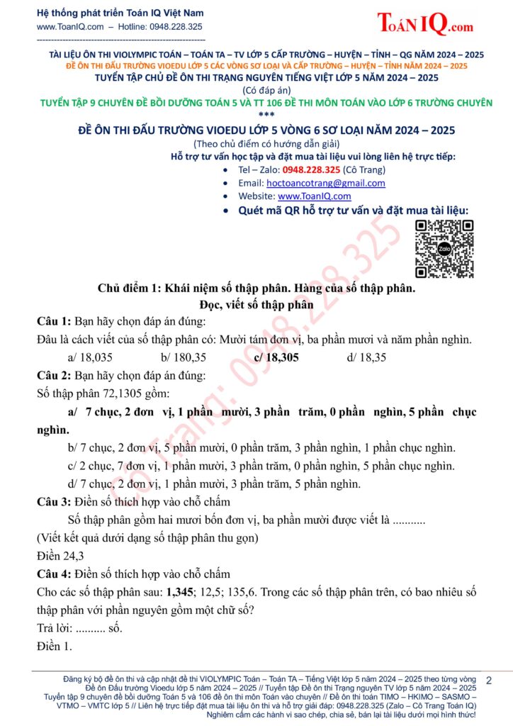 Đề ôn thi Vioedu lớp 5 Vòng 6 sơ loại cấp trường năm 2024 - 2025