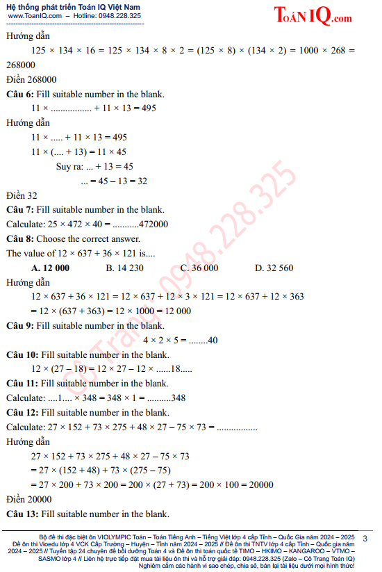 Tuyển tập 5 chủ đề ôn thi Vioedu Toán Tiếng Anh lớp 4 cấp Huyện năm ...