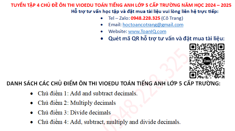 Đề ôn thi Vioedu Toán tiếng anh lớp 5 cấp trường năm 2024 - 2025