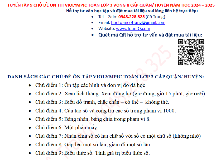 Đề ôn thi Violympic Toán lớp 3 Vòng 8 cấp Huyện năm 2024 - 2025