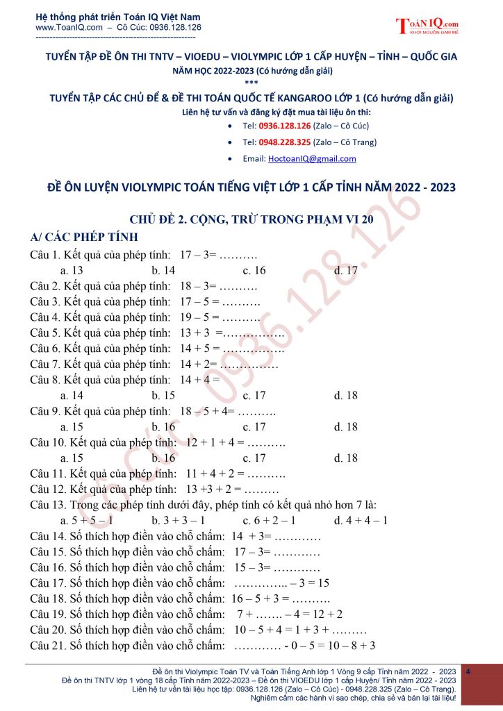 Đề ôn thi Violympic Toán TV lớp 1 Vòng 9 cấp Tỉnh năm 2022 - 2023