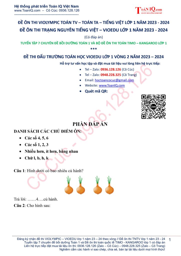 ĐỀ THI ĐẤU TRƯỜNG TOÁN HỌC VIOEDU LỚP 1 VÒNG 2 SƠ LOẠI CẤP TRƯỜNG NĂM 2023 - 2024 CÓ ĐÁP ÁN