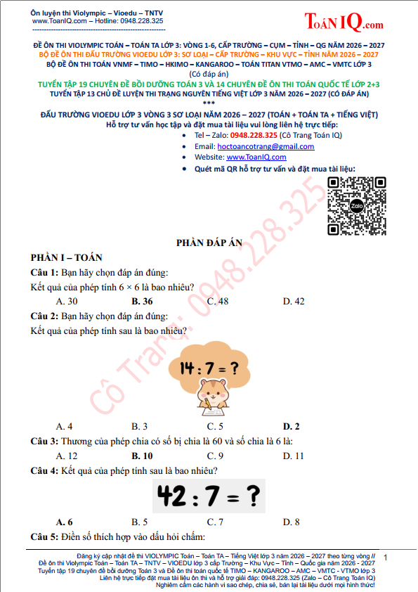 Đề thi Đấu trường Vioedu lớp 3 Vòng 3 sơ loại năm 2026 - 2027